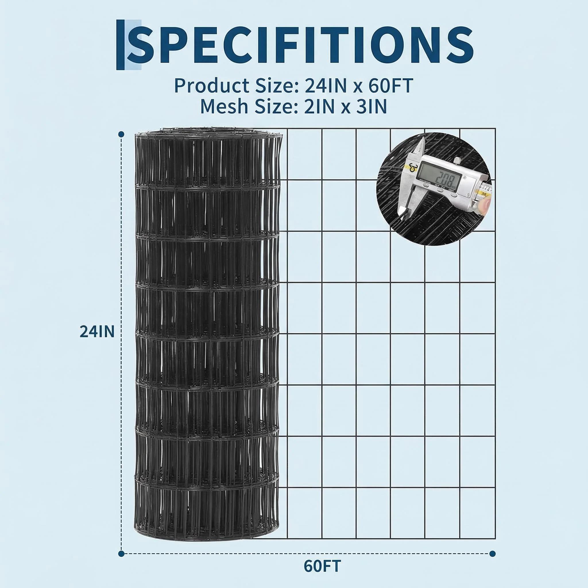 [ FLASH SALE ] Garvee Black PVC Coated Welded Wire Fence 16GA 2"x3" Anti-Rust Durable Vinyl Coating 24"x60' Roll for Yard Garden Poultry Protection