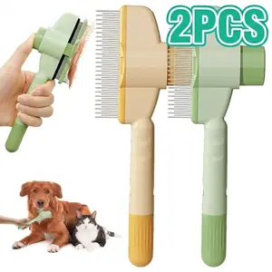 2-Pack Pet Hair Removal Comb with Release Button for Cats and Dogs, De-Shedding Brush with Long & Short Stainless Steel Teeth for Efficient Hair Removal