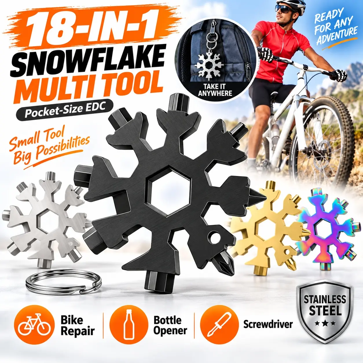 Viral 18‑in‑1 Snowflake Multi‑Tool Keychain, Stainless Steel Multifunctional Wrench Screwdriver Bottle Opener, Portable Pocket Survival Gadget for Outdoor Camping Hiking
