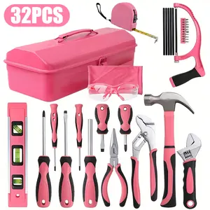 32pcs Pink Household Toolbox Hammer Wrench Hardware Tool Set, Suitable For Female Maintenance Tools.