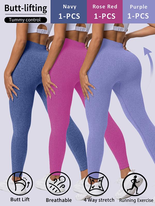 Fashion Candy Colors Women High-Waisted Butt-Lifting Tummy-Control Leggings, Soft Comfortable Breathable Elastic Ribbed Texture Sport Pants, Gym Workout Yoga Fitness Leggings, Suitable For Casual and Versatile Styles, Everyday Wear Must-Have For Wardrobe
