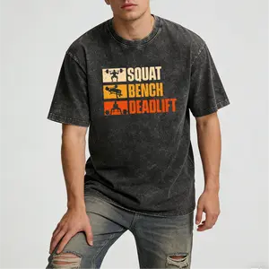 Men's Washed T-Shirt with Squat, Bench Press & Deadlift Designs – Breathable Powerlifting Tee