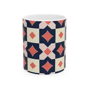 Geometric Tile Pattern Ceramic Mug | Retro Navy Coral Diamond Design
