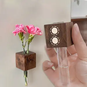 Mini Magnetic Vase for Fridge, 2 Pcs 3D Magnetic Wooden Wall Test Tube Planter, Strong Hold No Falling, Modern Decor for Kitchen, Bedroom, Office & Refrigerator Decorations