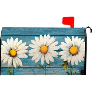 Rustic Blue Wood Board Magnetic Mailbox Covers Standard Size 21x18 Inch Vintage Floral Summer Waterproof Mail Box Wraps Post Letter Box Covers Garden Yard Outdoor Decor