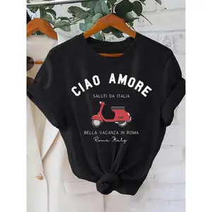 Women's "Ciao Amore" Italian Scooter Graphic T-Shirt: Casual black short-sleeve crew neck tee with a Roman, Italy vacation design. Breathable fabric, regular fit, machine washable. Imported.