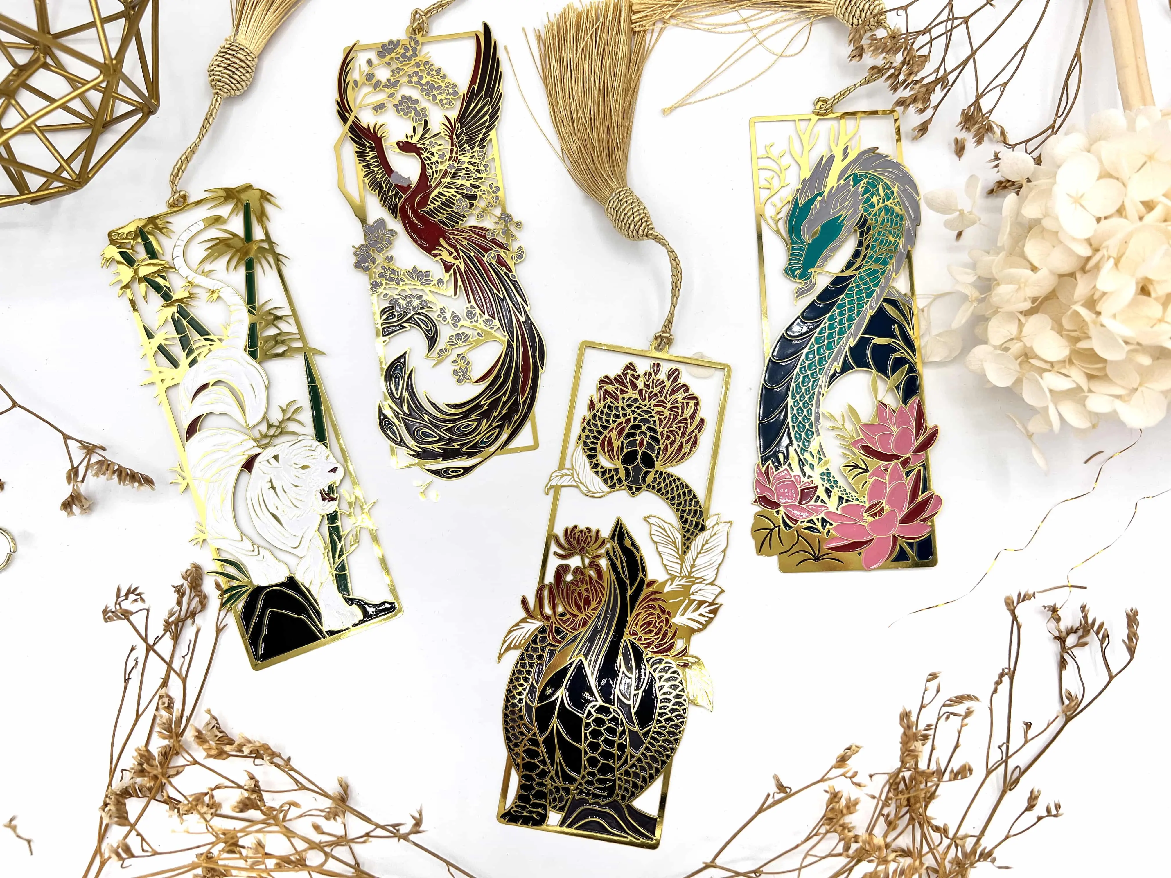 The Four Guardians Individual Metal Bookmarks | Book Lover Gift | Limited Edition Featuring Tiger, Turtle, Phoenix, and Dragon Designs