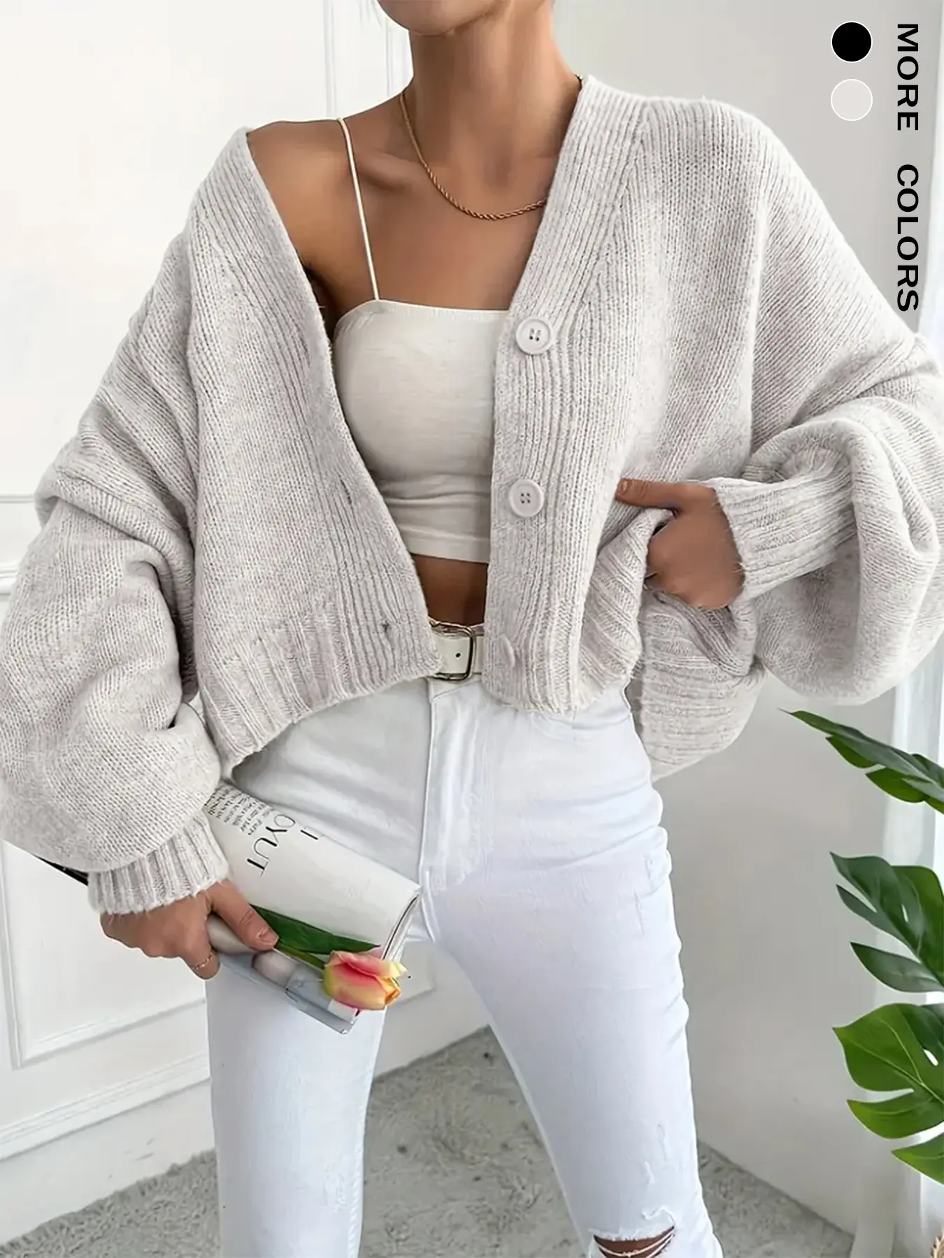 Women's Elegant V-Neck Loose Fit Long Sleeve Knitted Cardigan, Lantern Sleeve Drop Shoulder Button Front Cardigan, Casual Outerwear for Fall & Winter, Knitwear, Womenswear