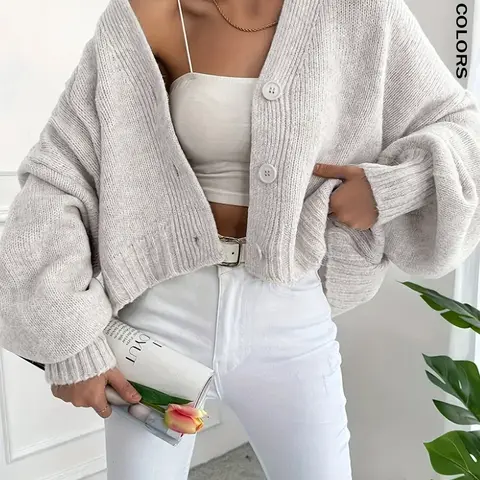 Women's Elegant V-Neck Loose Fit Long Sleeve Knitted Cardigan, Loose Fitting Knit, Lantern Sleeve Drop Shoulder Button Front Cardigan, Casual Outerwear for Fall & Winter, Knitwear, Womenswear