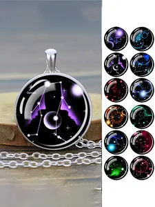 1PC 12 Constellation Necklace Starry Sky Luminous Zodiac Glass Dome Pendant Necklace Birthday Gift