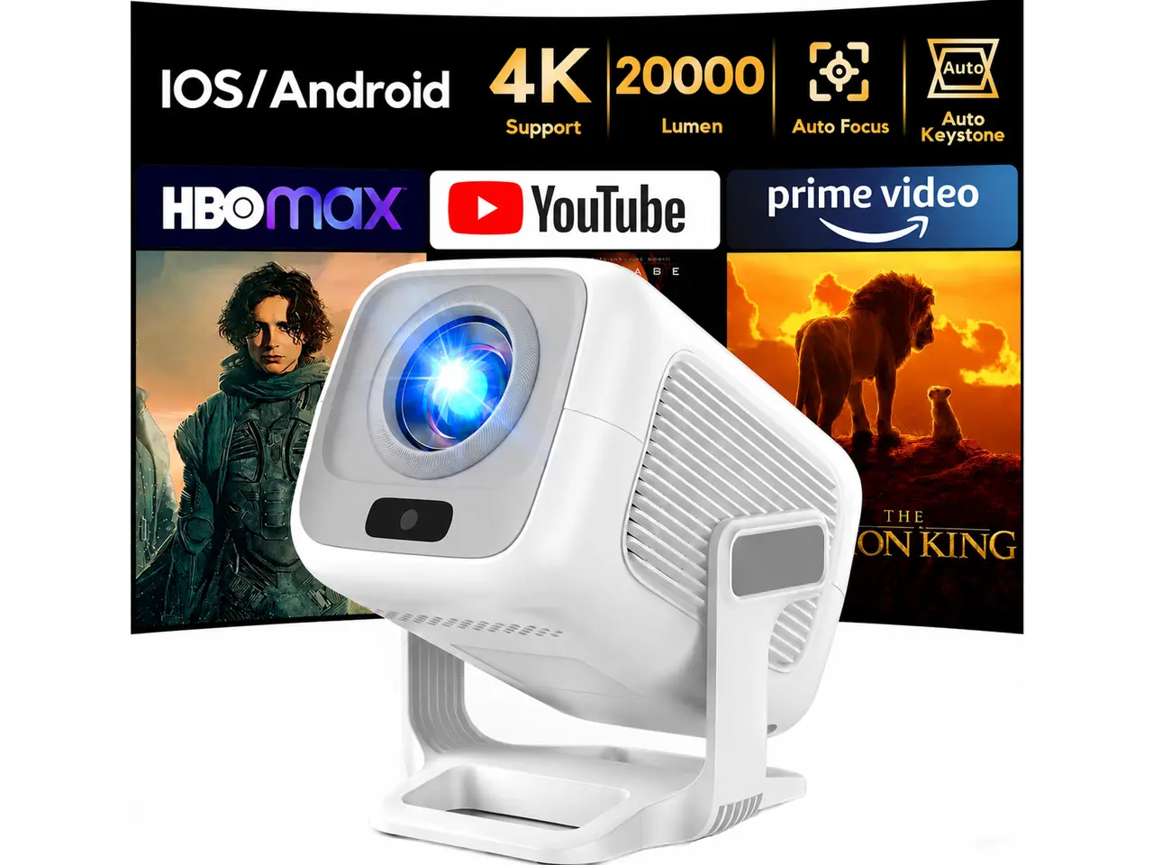 AKIYO O4 Projector, 2026 Upgraded Mini Projector Full HD 1080P WiFi Bluetooth, Auto Focus Video Projector 120 Degree Rotation, Home Cinema Compatible with HDMI/USB/Smartphone