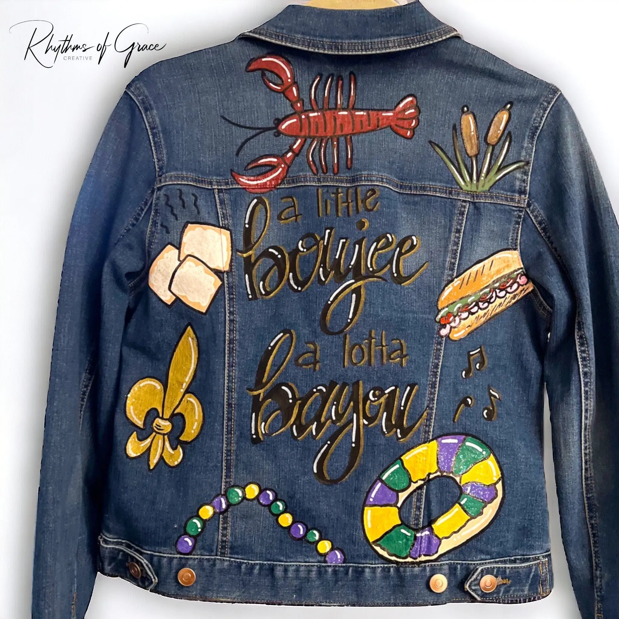 Hand-Painted Mardi Gras Jean Jacket: “A Little Boujee, A Lotta Bayou!