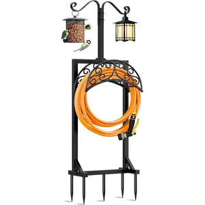 Garden Hose Holder for Outside - Upgraded Water Hose Holders with 5 Spikes & 2 Shepherds Hooks, Freestanding Hose Stand Heavy Duty Hose Hanger Hose Storage Hose Reel Rack for Outside Yard Lawn