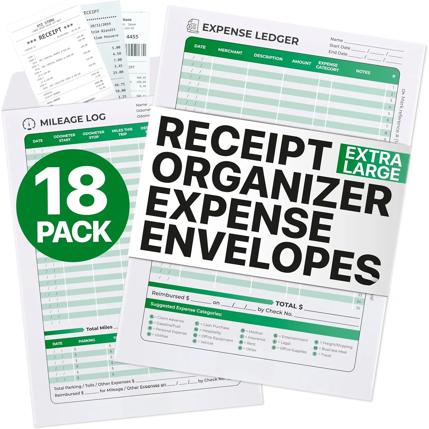 Receipt Envelope & Receipts Organizer (Pack of 18) - Efficiently Manage Business Expenses & Log Mileage Trips - 8.5" x 11.0" Inches, Green Color- Business Ledger for Small Business