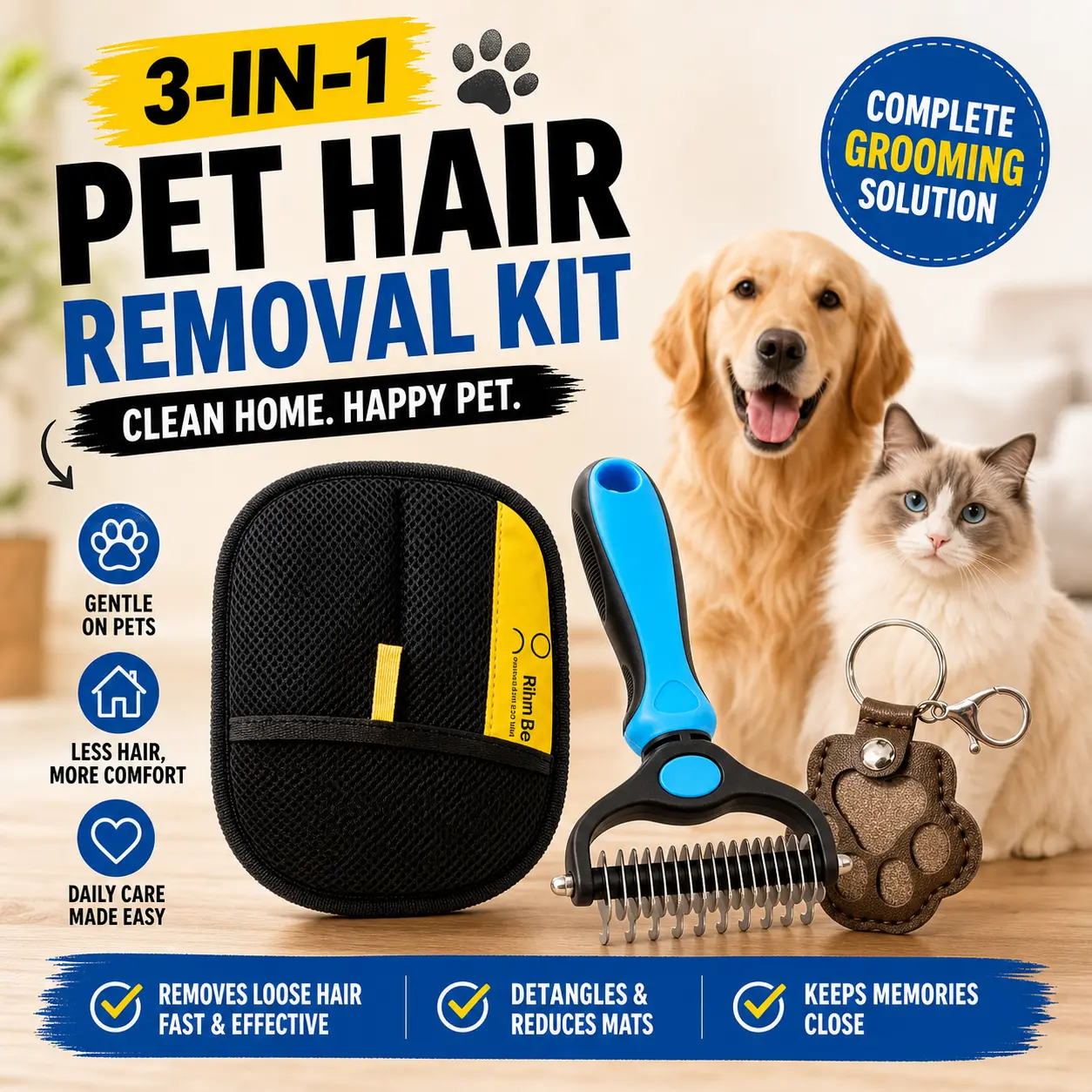 3-in-1 Stainless Steel Pet Grooming Kit - Deshedding Tool, Double-Sided Undercoat Rake, Detangling Comb, Ergo Handle, Portable Storage Bag, Cute Paw Keychain for Dogs & Cats Loose Coat Removal