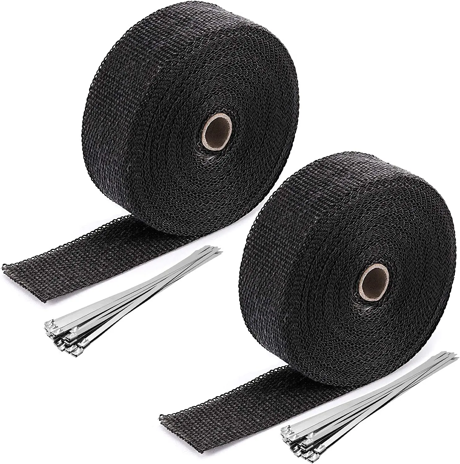 Black Fiberglass Exhaust Wrap Rolls (2 Rolls, 2inx50ft/5cmx15m, 1.5mm Thickness) with 24 Stainless Steel Zips, Gloves, High Mechanical Strength, Good Corrosion Resistance, 1400f-2000f Heat Insulating Shield Tape for Motorcycle, Car, For Car, Exhaust Pipes