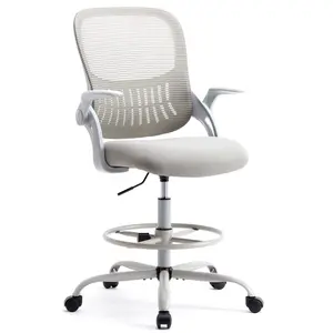 Tall Office Chair with Adjustable Height and Padded Armrests,Ergonomic Computer Standing Desk Stool with Adjustable Footrest Ring,High Office Chair for Counter Height Desk (Grey)