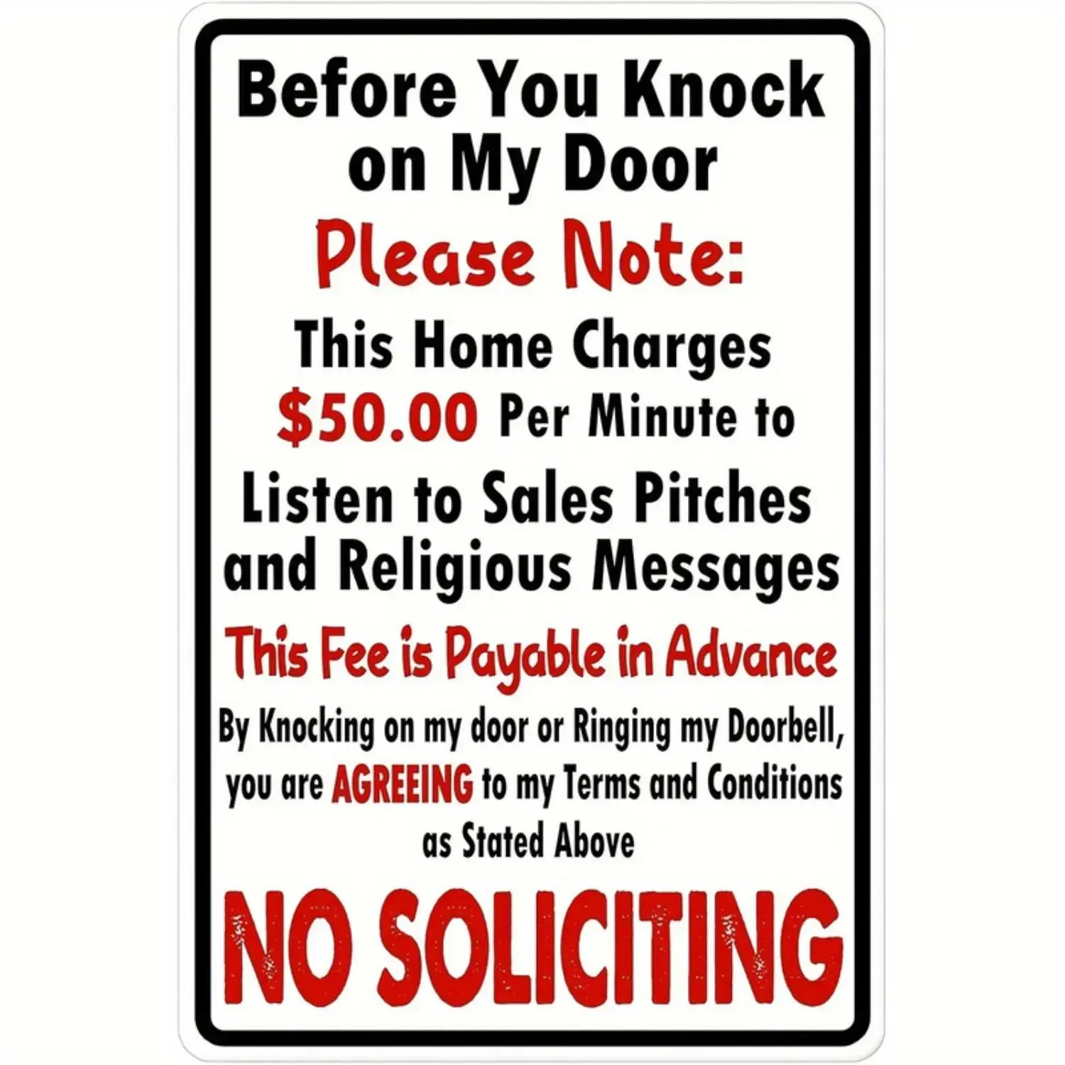 [Funny Metal Sign] Vintage Iron Metal Sign "No Soliciting" | Durable Build, Funny Wall Decor, 20x30cm, Humorous Home Charges Listening to Dealership Pitches and Religious Messages, Ideal for Cafe or Street Decoration, Metal Wall A