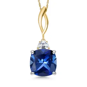 Gem Stone King 925 Silver and 10K Yellow Gold Blue Created Sapphire and White Moissanite Pendant Necklace for Women | 8.73 Cttw | Gemstone September Birthstone | Cushion 12MM | With 18 Inch Chain