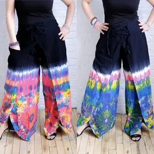 Wide Leg Tie Dye Double Layer Palazzo Pants, Cotton Hippie Pants, Yoga Trousers, Blue Red Green Tie Dye, Wrap Split Leg Pants, Festival Pants, Unisex Flowy Pants, Summer Style, Bohemian Style Palazzo Pants