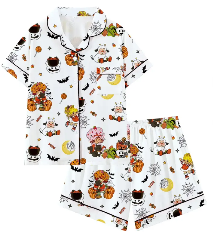 【Halloween】Retro Strawberry Girl Halloween Collared Pajama Set | Cute 80s Nostalgic Cartoon & Pumpkin Print Sleepwear | Soft Short Sleeve Button Down Lounge Outfit | Fun Summeroween 2-Piece PJs with Black Piping Pj Sets
