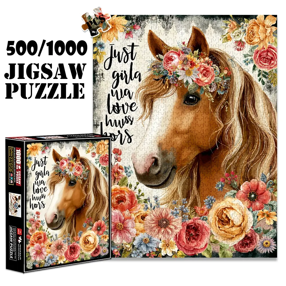 1pc 1000 piece adult puzzle 70x50cm Floral - Crowned Horse with "Just Girls Who Love Horses" Text 500 pieces paper jigsaw puzzle suitable for DIY creative games for adults and families, birthday