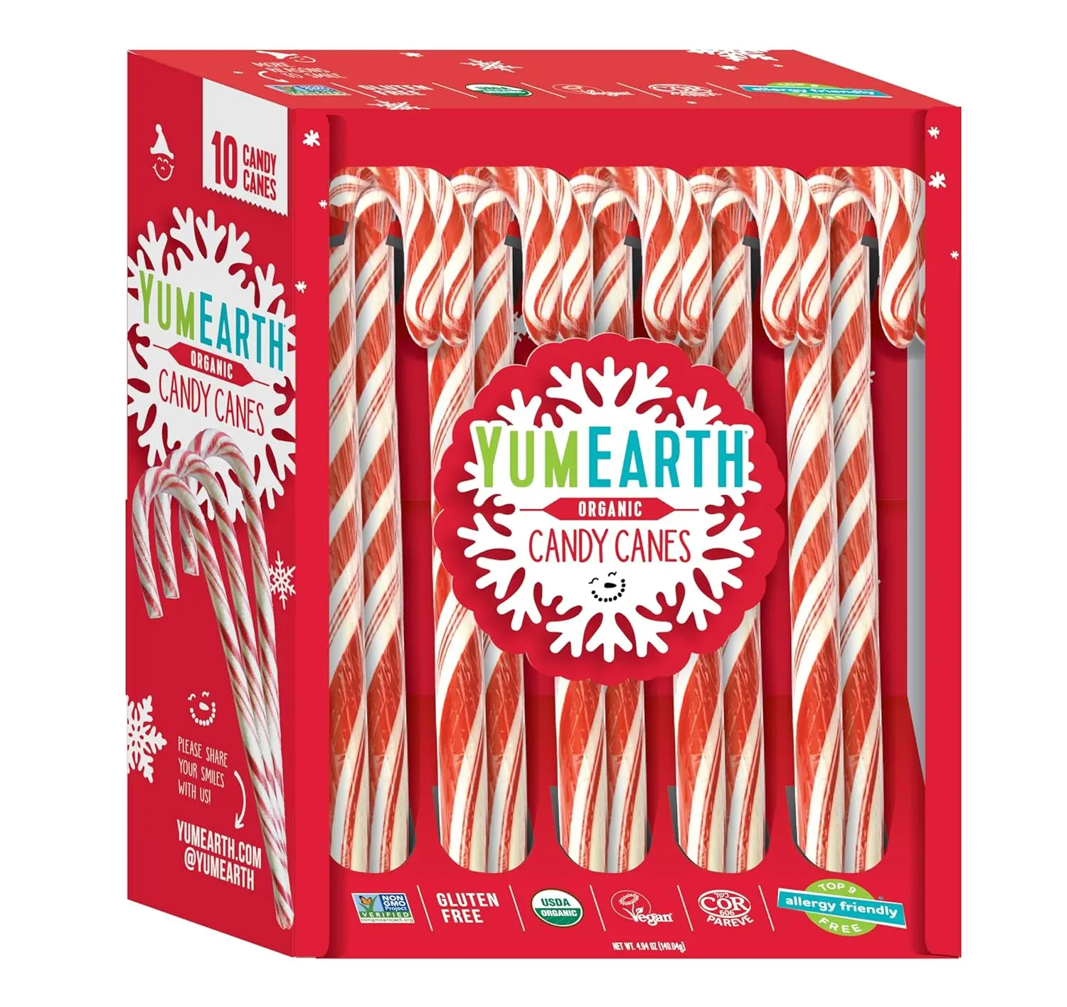 YumEarth Organic Peppermint Candy Canes - Full Size, Allergy-Friendly, Vegan, Non-GMO - 10 Count Pack