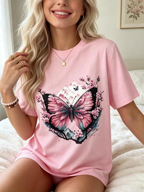 Women's H-Type Fitted Cropped Crew Neck Short-Sleeve Graphic T-Shirt - Soft Premium Cotton Fabric, Playful Print of Boho Whimsical Forest Fairy on Birch Branch, Colorful Wing Pixie Elf Art, Lightweight Boho Blue Casual Top, Thanksgiving, Easter