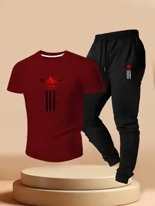 Men's Street Style Alpha Industrial Set, Short Sleeve Tee + Waistband Sports Pants, Summer Military Fashion Two-Piece