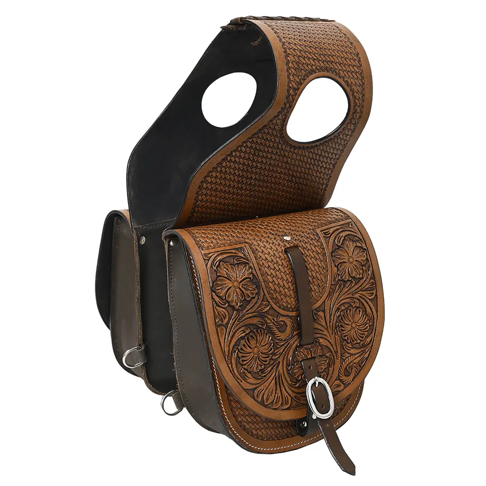 Hilason Western Horse Floral Heavy-duty Trail Ride Genuine Leather Saddle Bag | Equestrian Western Adjustable Closure