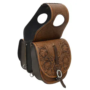 Hilason Western Horse Floral Heavy-duty Trail Ride Genuine Leather Saddle Bag | Equestrian Western Adjustable Closure
