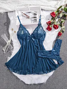 Women's Lace Trim Cami Spaghetti Strap Nightdress & Thong Sexy Lingerie Two-piece Set, Comfortable Sexy Design Nighty Dress for Women