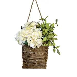 New Spring Hydrangea Basket Wreath, Floral Rattan Door Hanging Decor