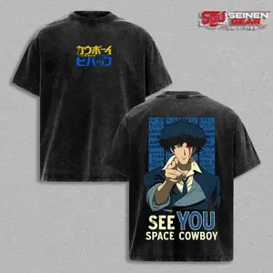 Spike Spiegel 90s Retro See You Space Cowboy Vintage Washed Oversized T-Shirt, Cowboy Bebop Anime Graphic Tee, Unisex Soft Cotton Streetwear Summer Fit