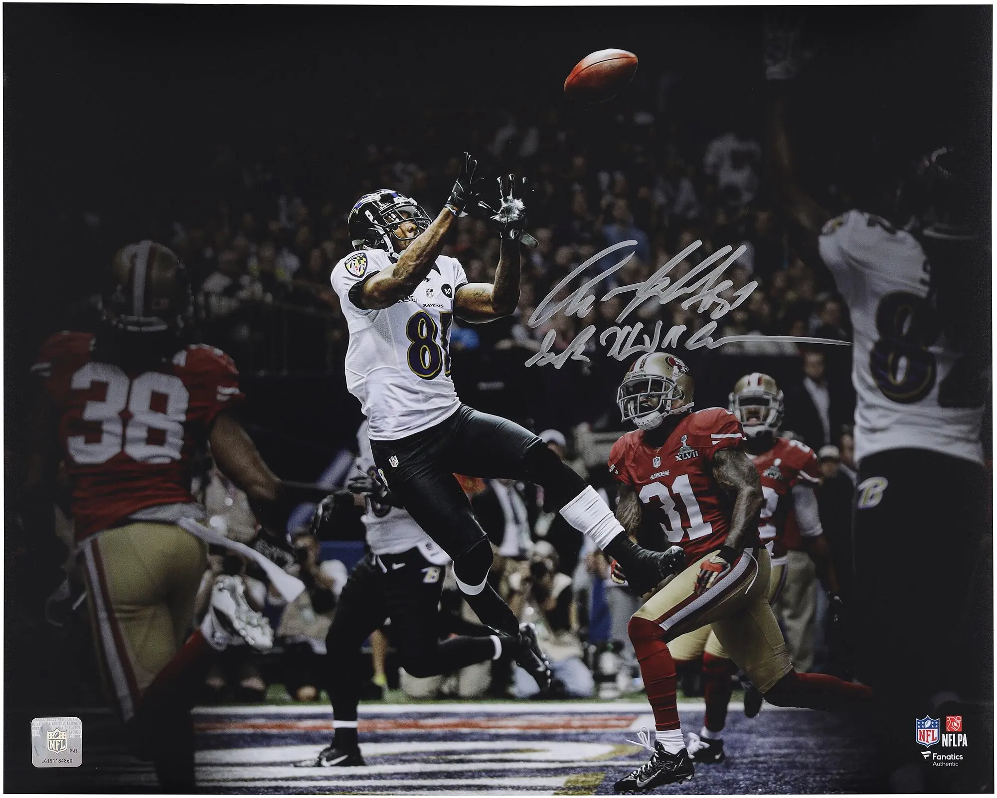 Anquan Boldin Baltimore Ravens Autographed 16" x 20" Super Bowl XLVII Touchdown Catch Spotlight Photograph with "SB XLVII Champs" Inscription - Fanatics Authentic Certified