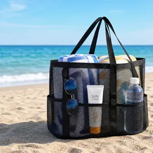 Large Capacity Mesh Beach Tote Bag, Multi-Pocket Quick-Dry Swim Travel Organizer, Beach Bag
