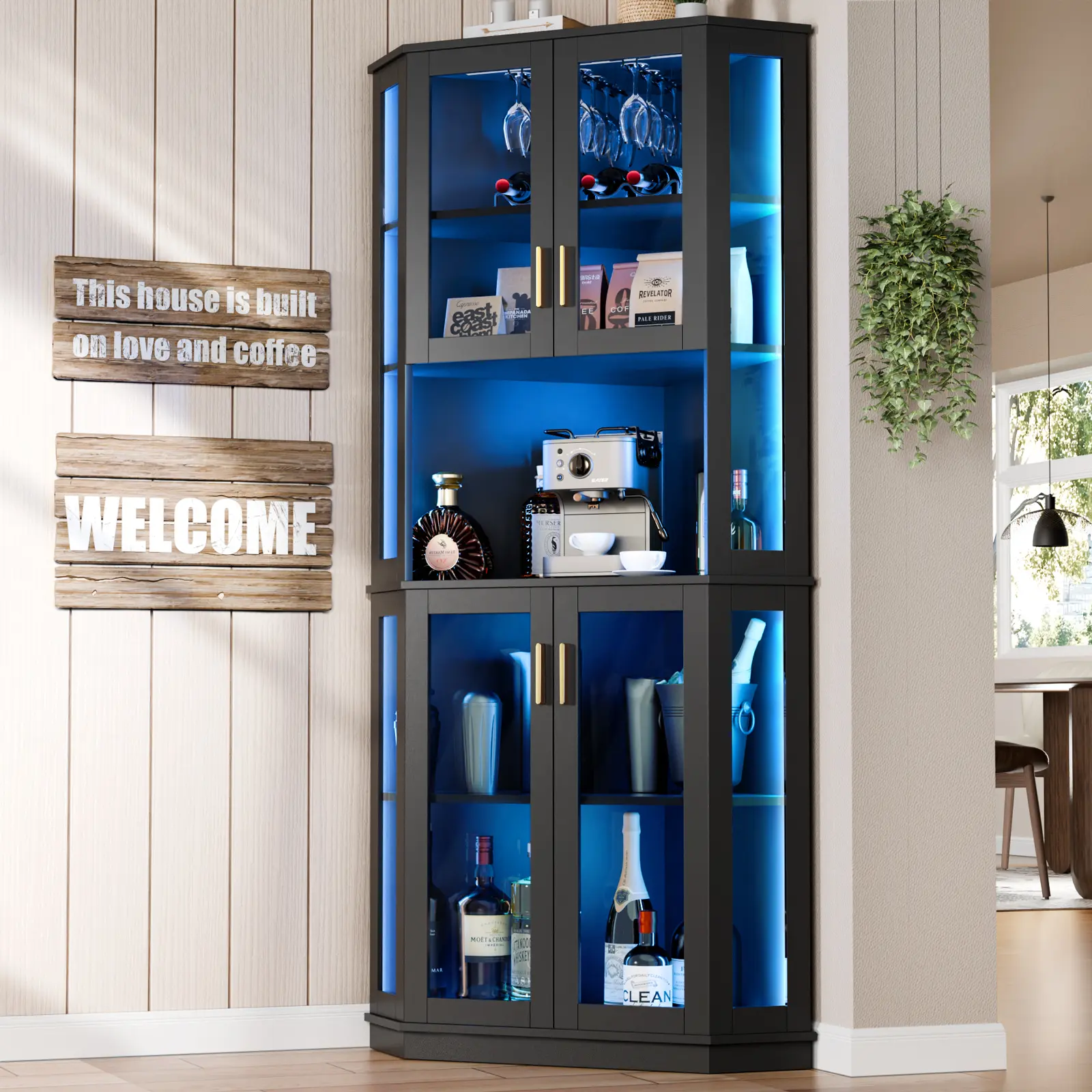 Gyfimoie 71'' Corner Wine Bar Cabinet with LED Lights,5-Tier Tall Liquor Coffee Bar Cabinet with Glasses Holder & Tempered Glass Door, Alcohol Storage Hutch
