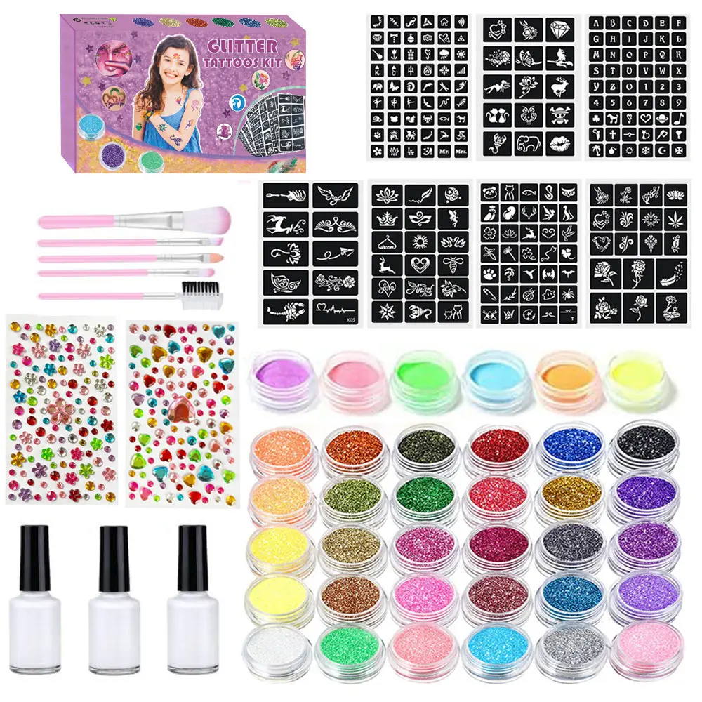 Glitter Temporary Tattoo Kit, High Quality Glitter, 24 Color Glitter Tattoo Pigment with 2 Glue & 3 Template Paper, Body Art Makeup Kit, Body Super Sparkly Shimmer for Stage Performance, Party, Cosmetic