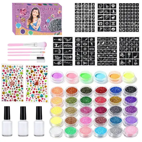 Glitter Temporary Tattoo Kit, High Quality Glitter, 24 Color Glitter Tattoo Pigment with 2 Glue & 3 Template Paper, Body Art Makeup Kit, Body Super Sparkly Shimmer for Stage Performance, Party, Cosmetic, Glitter Beauty