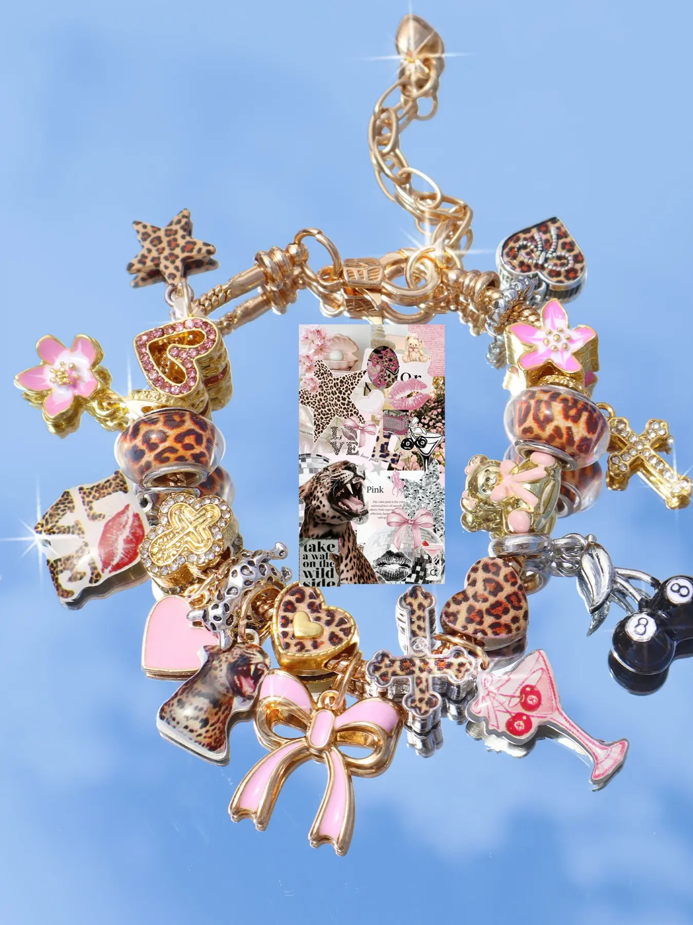 Cute Leopard Print Butterfly Knot Heart Charm Bracelet, DIY Cherry Heart Bracelet, Leopard Letter Cross Bracelet, Exquisite Trendy Bracelet, Fashionable Accessory