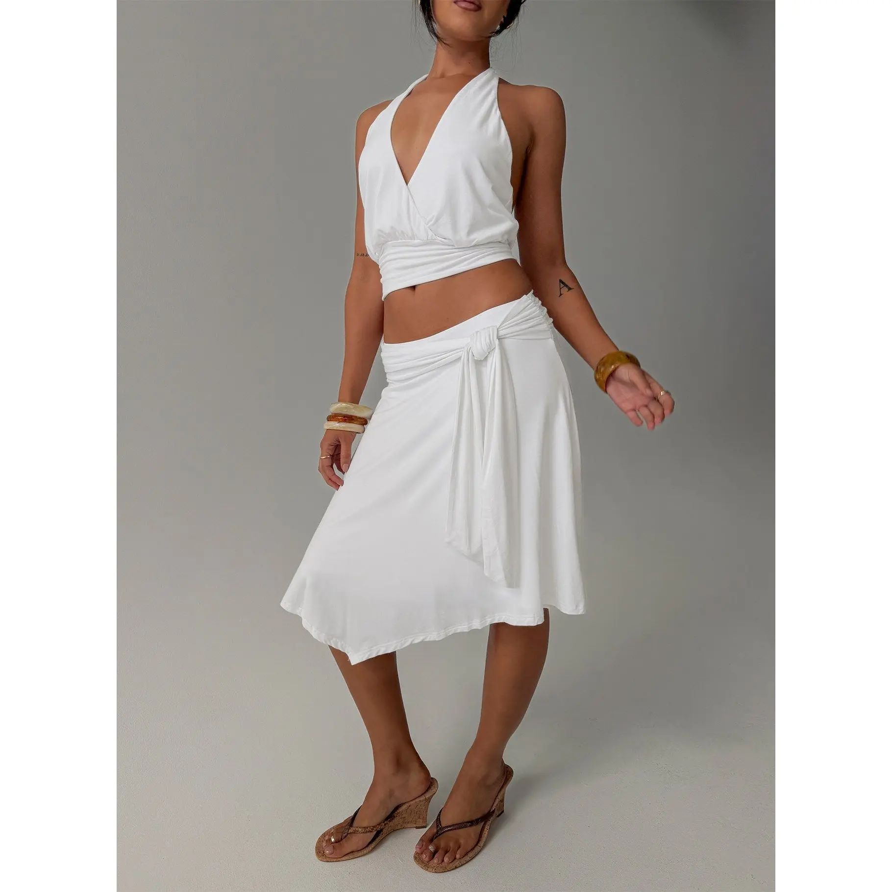 Soft Focus Tie Waist Midi Skirt White