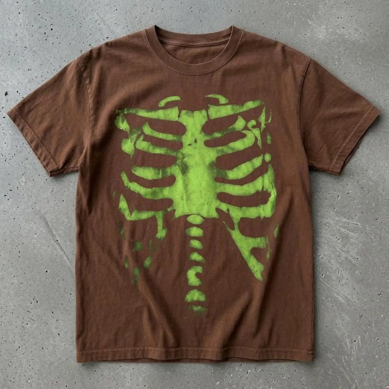 Neon Green Skeleton Ribcage Graphic Tee, Brown Bone Print T-Shirt, Y2K Grunge Skeleton Shirt, Gothic Alternative Streetwear Top