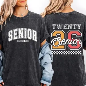 Class of 2026 Senior Checkered Double-Sided Graduation Washed T-Shirt Shirt TOP
