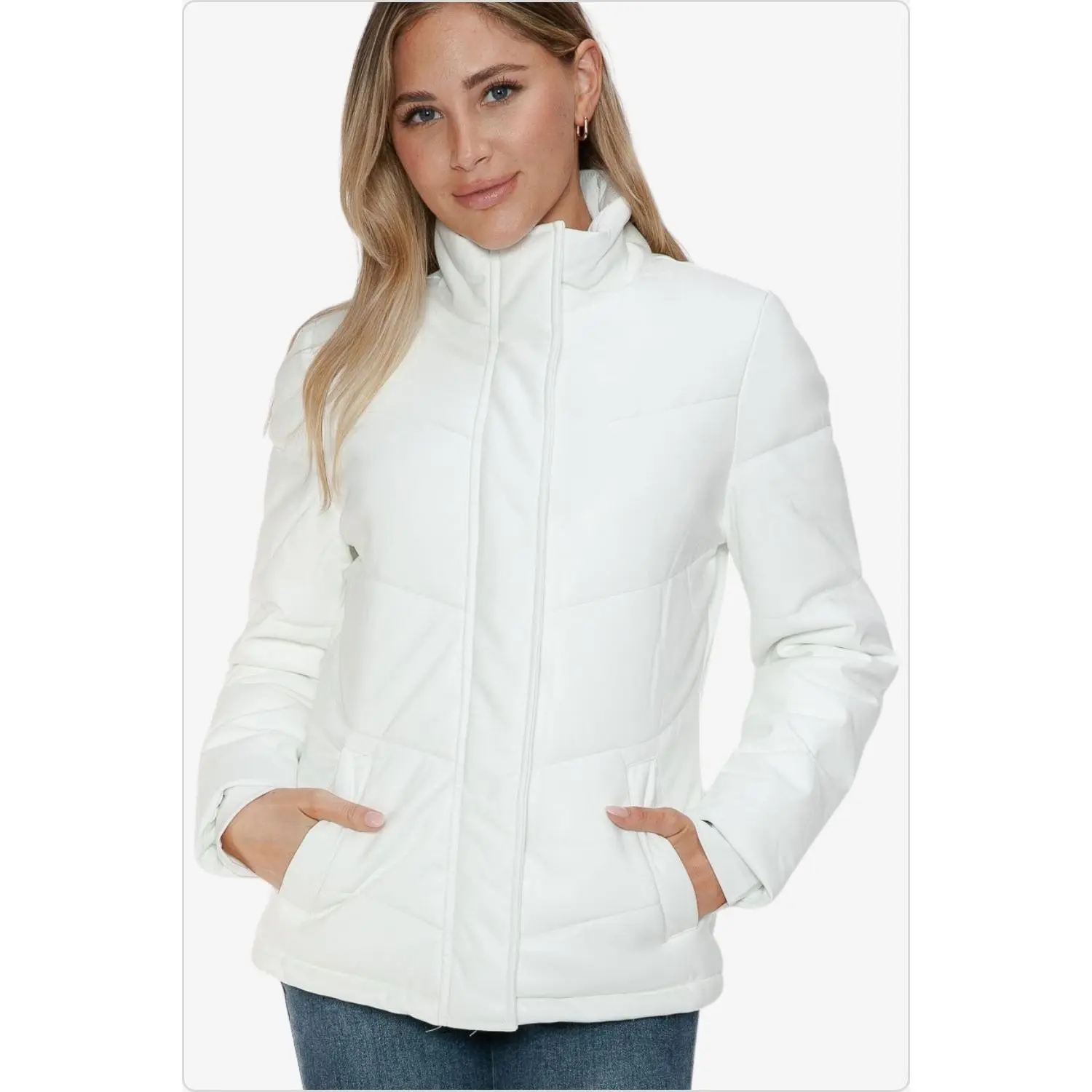 Women's White Pocketed Zip-Up Turtleneck Puffer Jacket