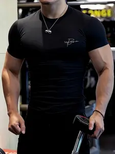 Men's Fitted Short Sleeve T-Shirt, Round Neck Tops, Minimalist Handwritten Signature Print, Quick-Dry Muscle Fit, Casual Sports Training Top, Gym Tees