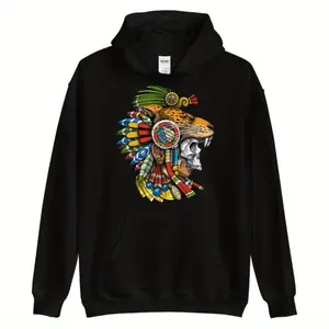Aztec Jaguar Warrior Mask Hoodie - Aztec Skull Clothing - Mens Aztec Hoodie - Mayan Warrior Hoodie - Aztec Clothes - Aztec Clothing Men's Fashion Hoodie Comfortable and Trendy Hooded Pullover Soft and Breathable Suitable for Autumn and Winter