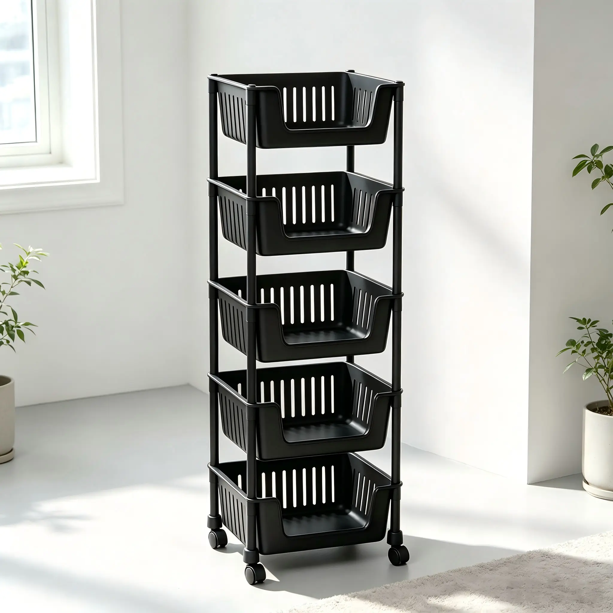 3-tier/5-tier rolling utility cart with wheels, slim mobile storage organizer with ventilated baskets for kitchen, bathroom, laundry room, bedroom & office, black & cream white