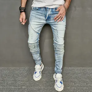 Men's Basic Korean Slim-Fit Stretch Denim Pants - Distressed Ripped Jeans, Trendy Streetwear, Comfortable Menswear Bottoms with Pockets, Summervibes