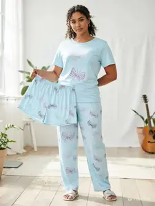 Women's Butterfly Print Sleepwear Set Loungewear, Fashion Round Neck Fitted Pajama T-Shirt & Elastic Waist Shorts, Comfortable All-Season Sleepwear