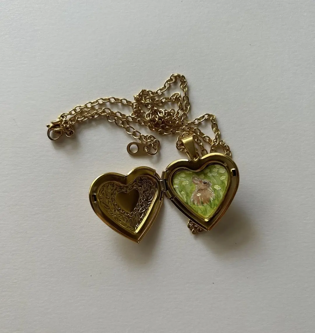 Bunny Heart Locket - Painted Locket by BunnyArtMart, Includes Necklace, Oil Painted Locket Pendant